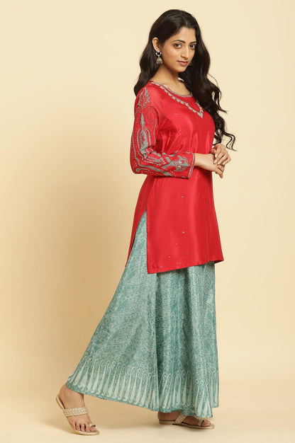 Red Embellished Short Kurta, Sharara And Dupatta Festive Set - wforwoman