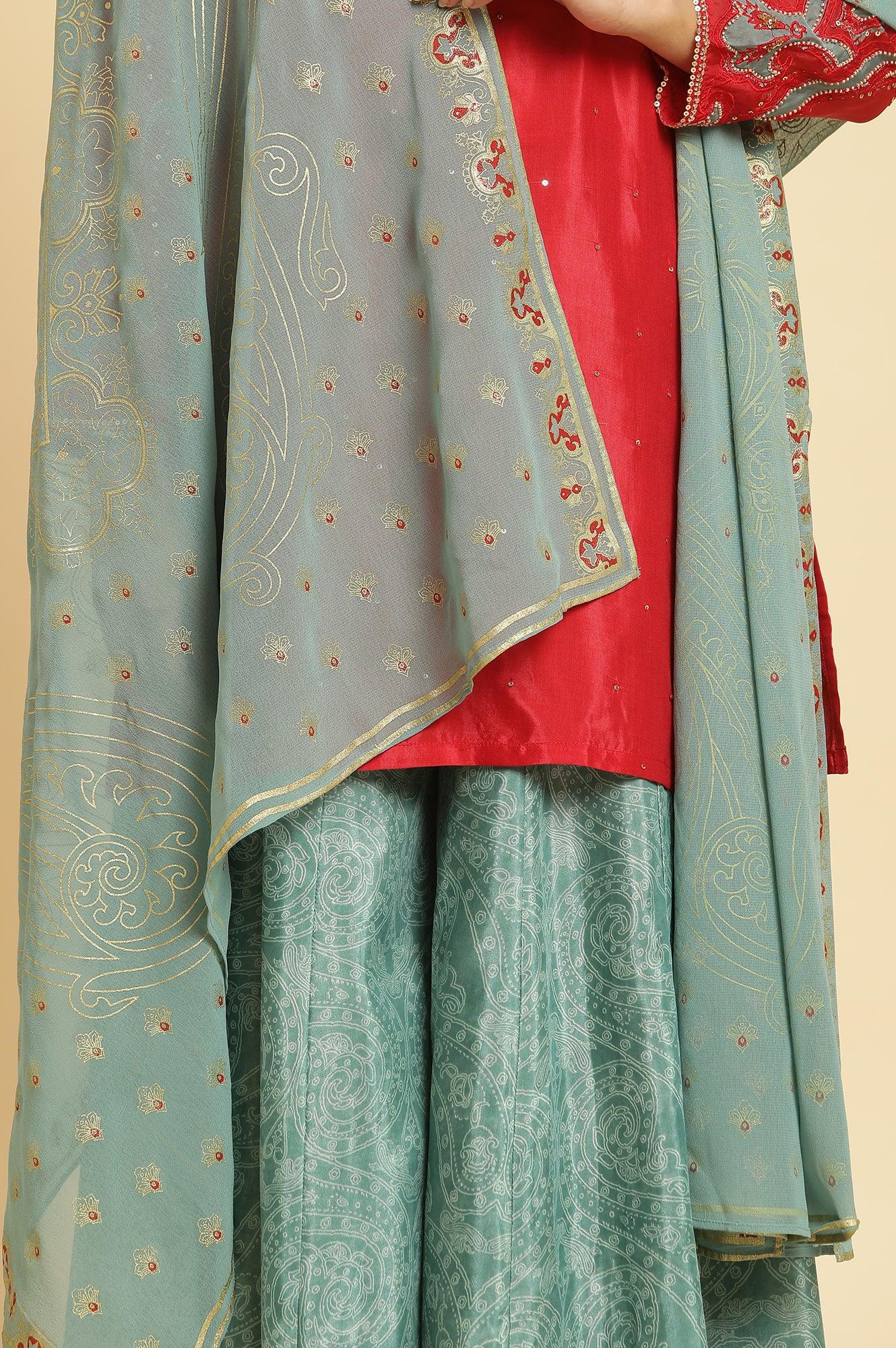 Red Embellished Short Kurta, Sharara And Dupatta Festive Set - wforwoman