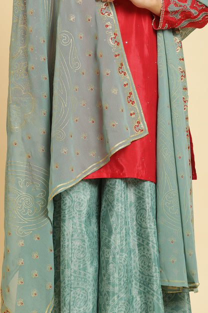 Red Embellished Short Kurta, Sharara And Dupatta Festive Set - wforwoman