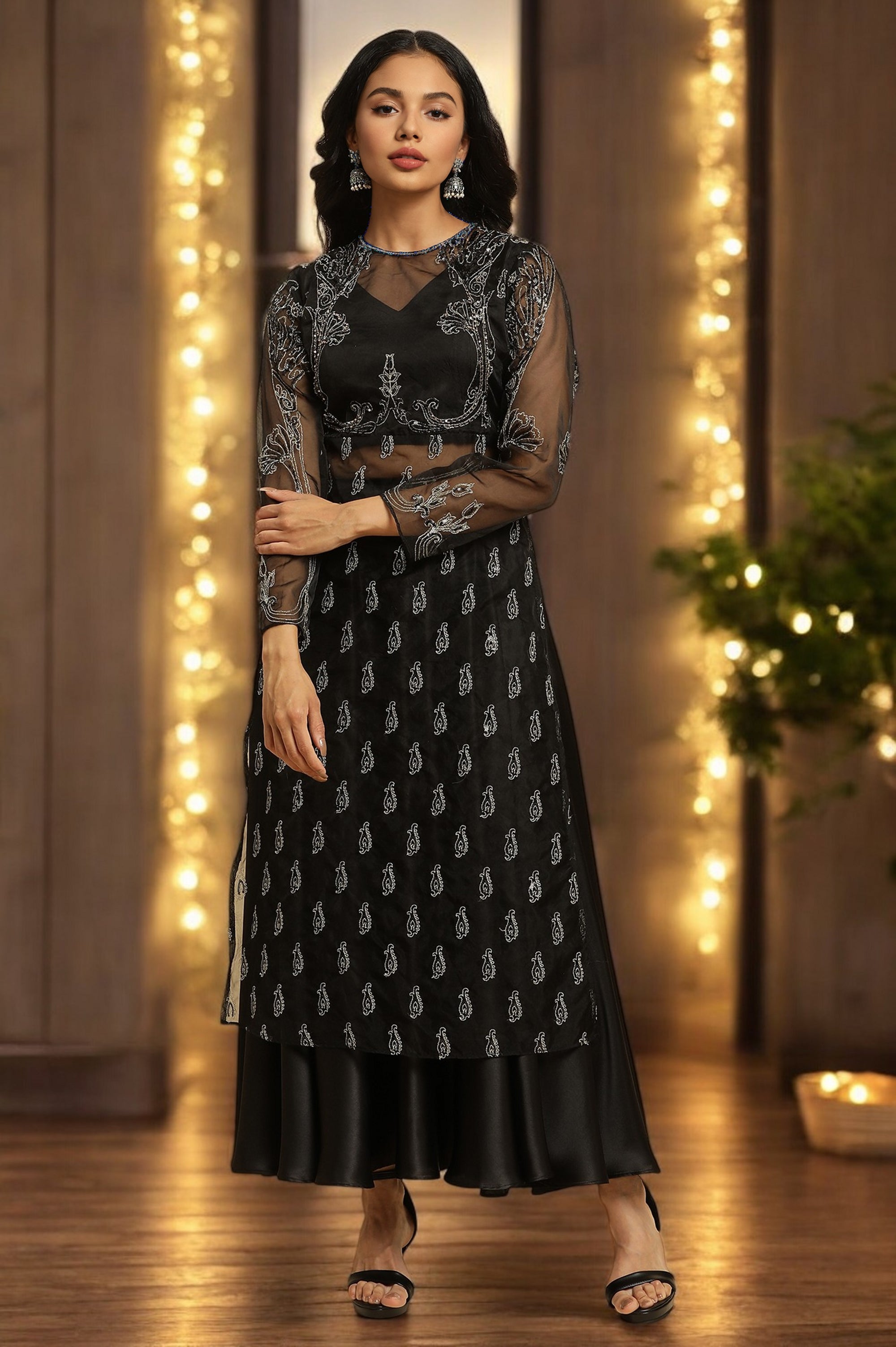 Black Zari Embroidered Sheer Straight Kurta and Skirt Set