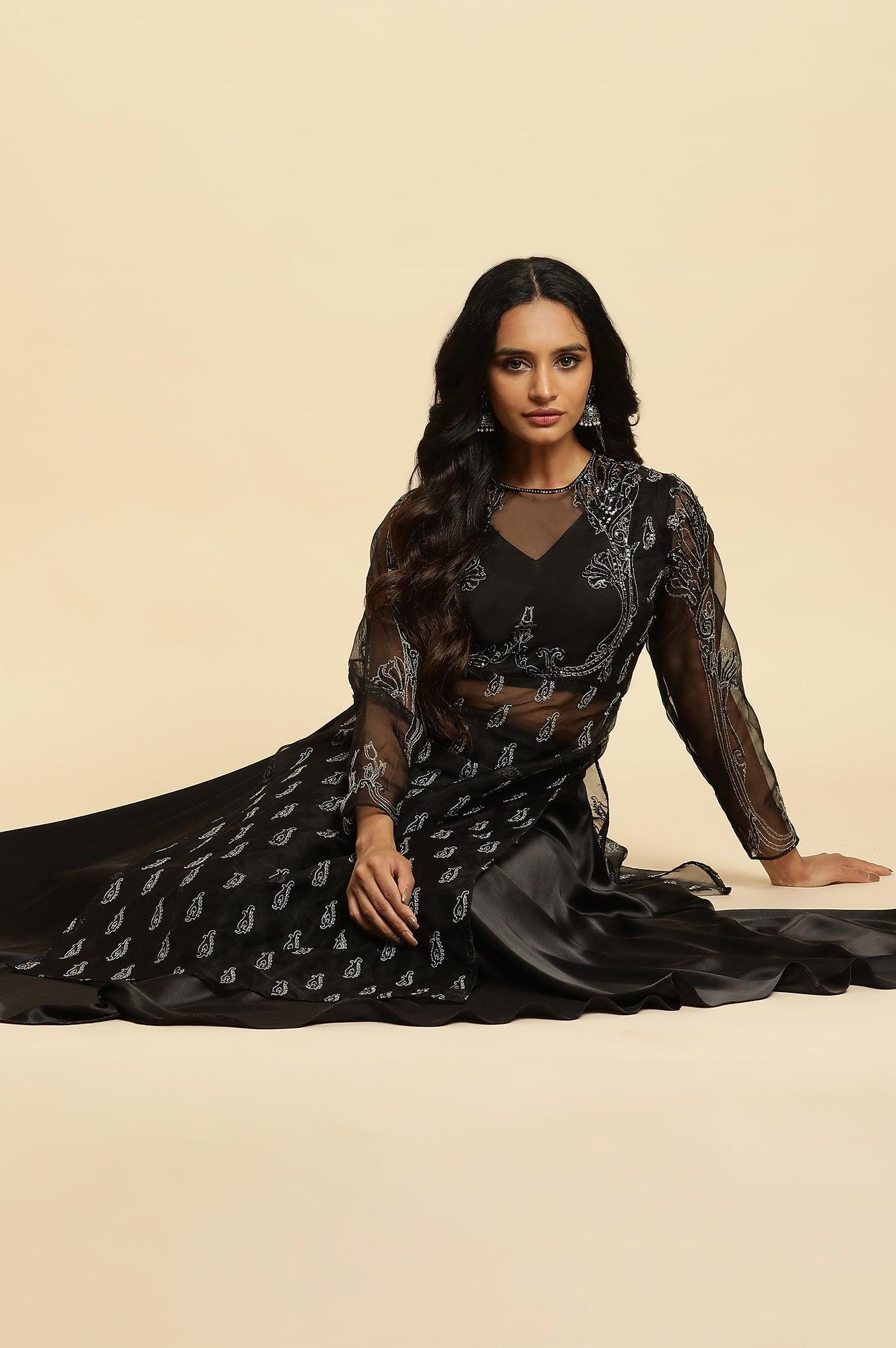 Black Zari Embroidered Sheer Kurta And Skirt Set - wforwoman
