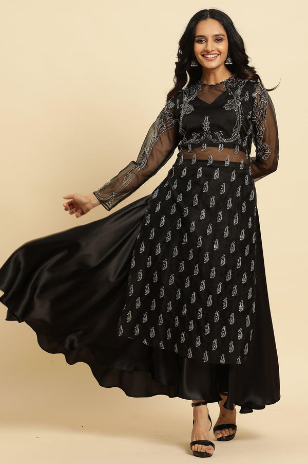 Black Zari Embroidered Sheer Straight Kurta and Skirt Set