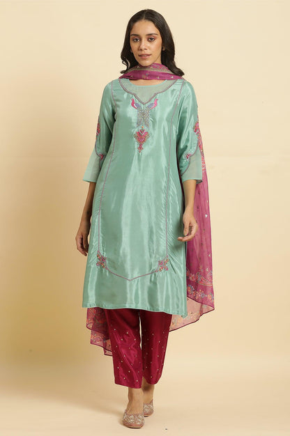 Sea Green Embroidered Kurta, Pants &amp; Dupatta Set - wforwoman