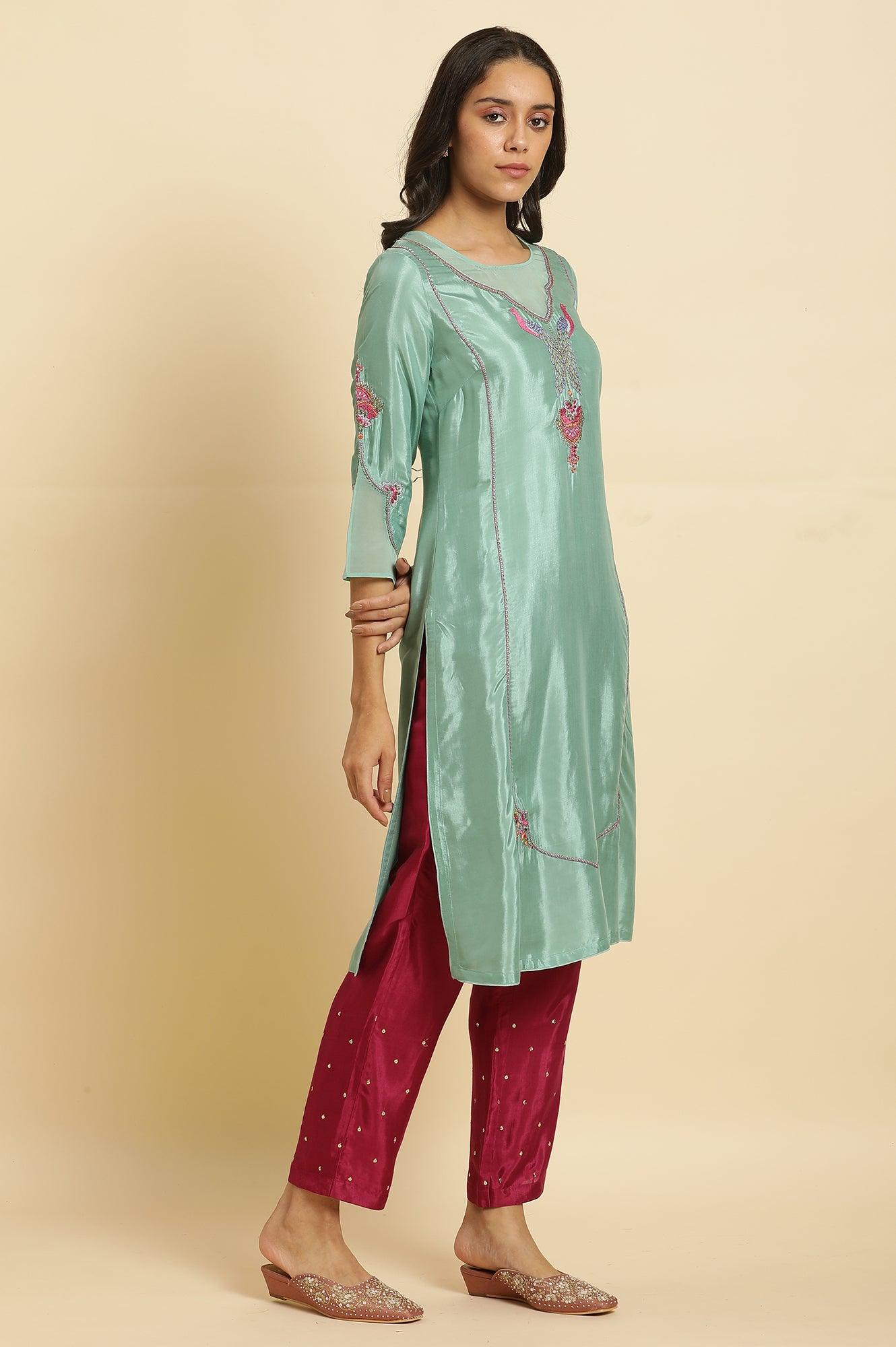 Sea Green Embroidered Kurta, Pants &amp; Dupatta Set - wforwoman