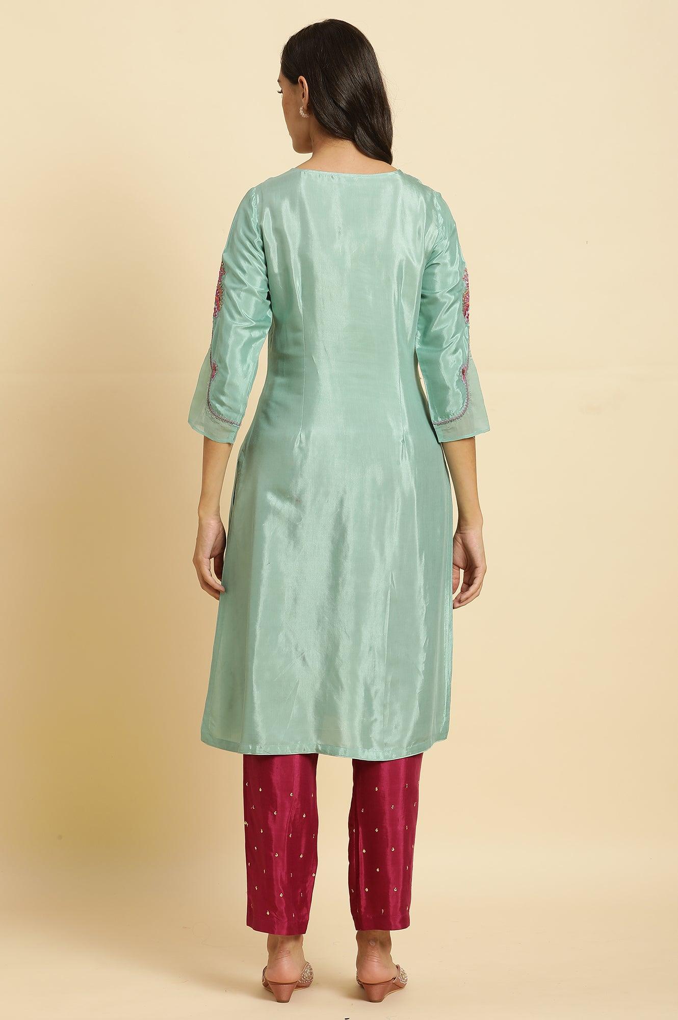 Sea Green Embroidered Kurta, Pants &amp; Dupatta Set - wforwoman
