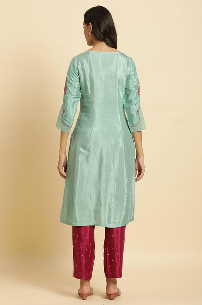 Sea Green Embroidered Kurta, Pants &amp; Dupatta Set - wforwoman