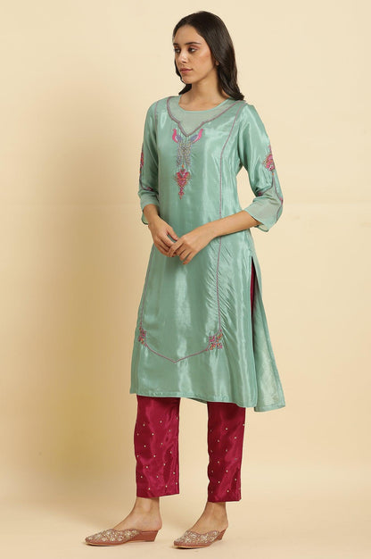 Sea Green Embroidered Kurta, Pants &amp; Dupatta Set - wforwoman