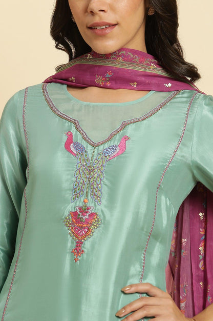 Sea Green Embroidered Kurta, Pants &amp; Dupatta Set - wforwoman