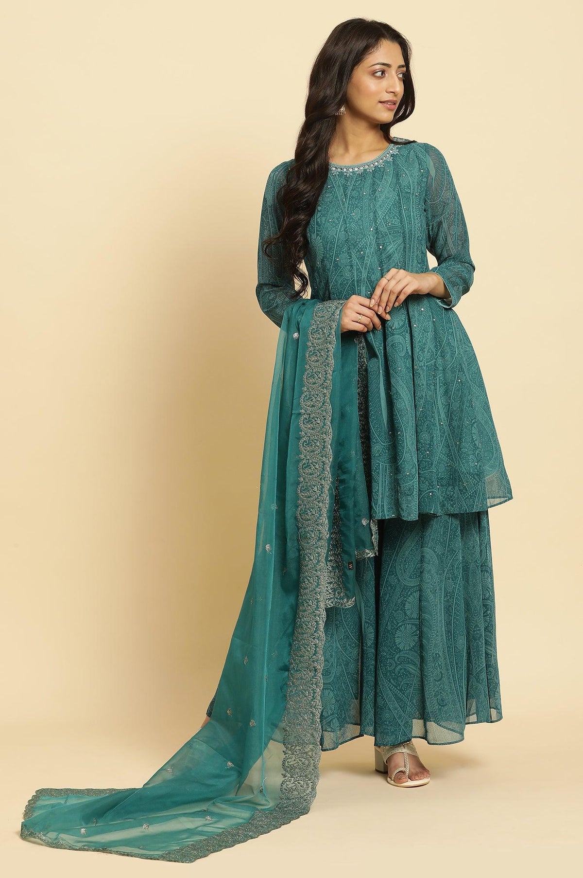 Green Print-On-Printed Embellished Flared Kurta, Sharara And Dupatta Set - 6