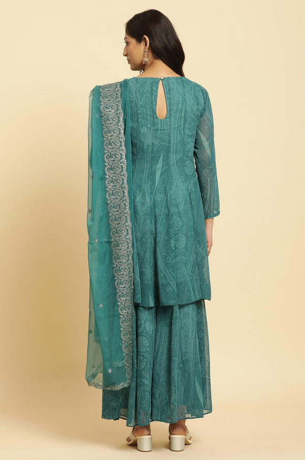 Green Print-On-Printed Embellished Flared Kurta, Sharara And Dupatta Set
