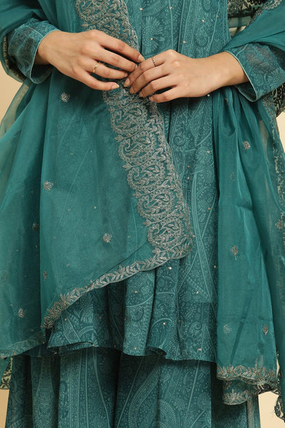 Green Print-On-Printed Embellished Flared Kurta, Sharara And Dupatta Set - wforwoman