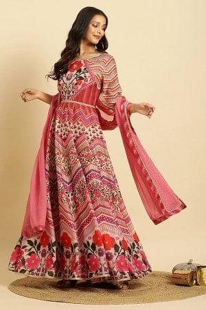 Multi-Coloured Floral Printed Anarkali Dress And Dupatta Set - S