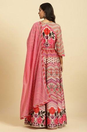 Multi-Coloured Floral Printed Anarkali Dress And Dupatta Set - wforwoman