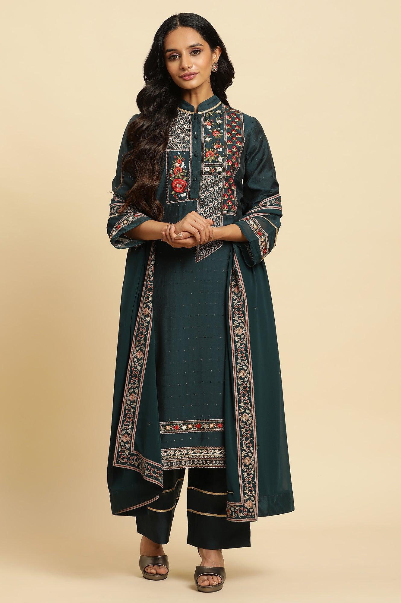 Dark Green Embroidered Festive Kurta, Pant And Dupatta Set - wforwoman