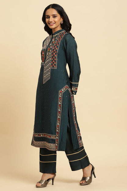Dark Green Embroidered Festive Kurta, Pant And Dupatta Set - wforwoman