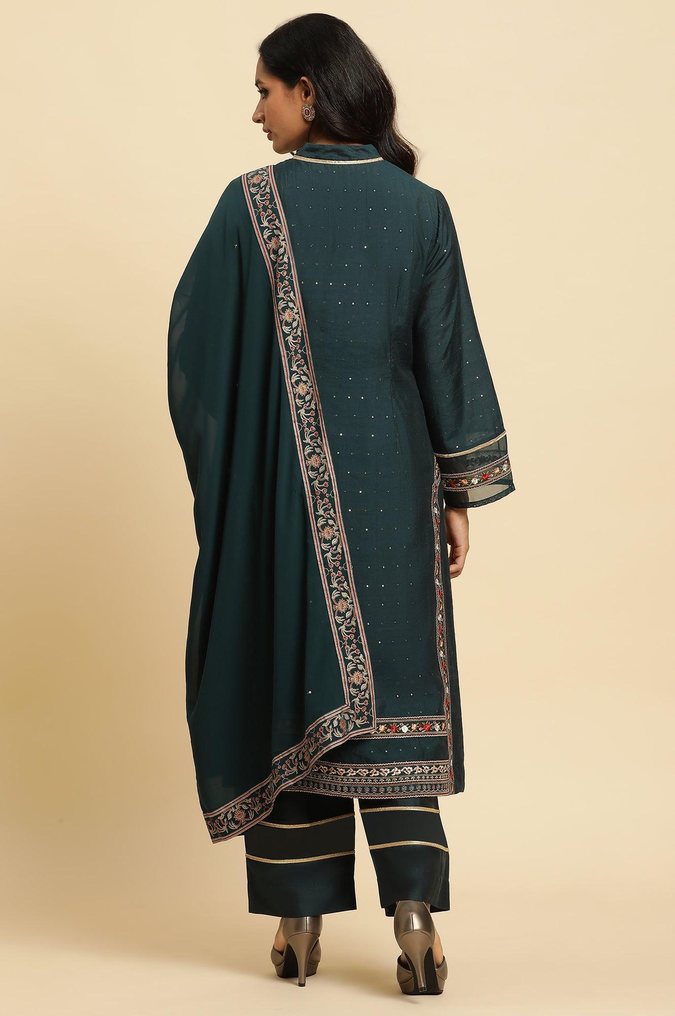 Dark Green Embroidered Festive Kurta, Pant And Dupatta Set - wforwoman