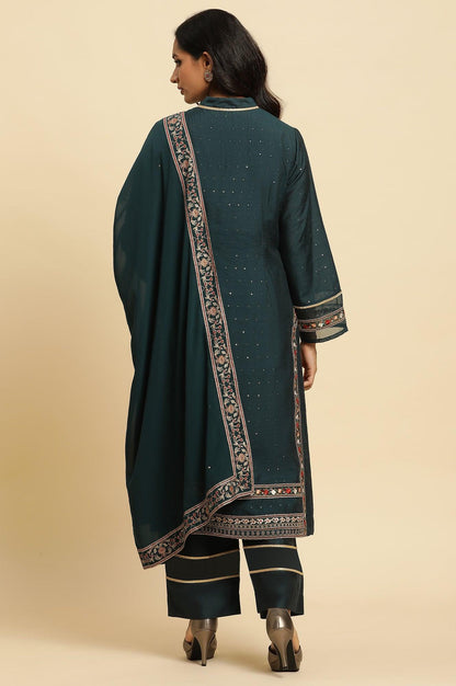 Dark Green Embroidered Festive Kurta, Pant And Dupatta Set - wforwoman