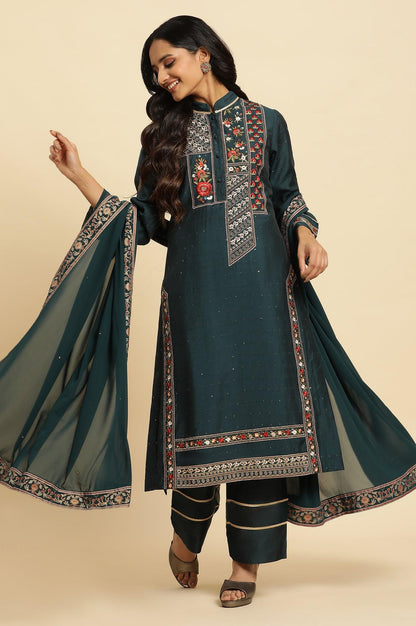 Dark Green Embroidered Festive Kurta, Pant And Dupatta Set - wforwoman