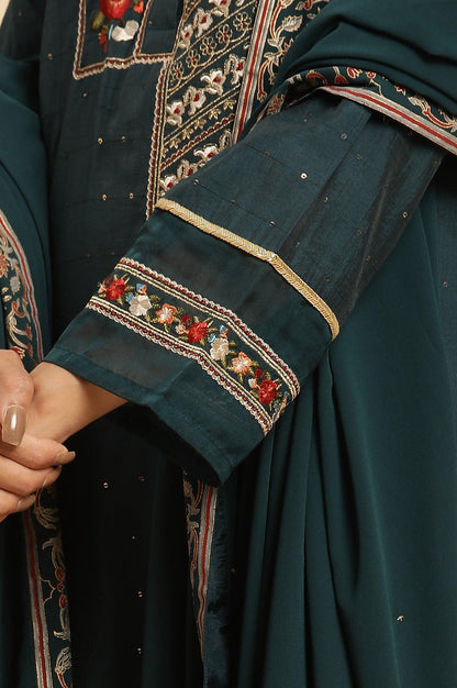 Dark Green Embroidered Festive Kurta, Pant And Dupatta Set - wforwoman