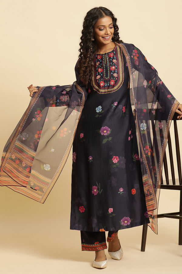 Navy Blue Chanderi Floral Printed Kurta, Pants and Organza Dupatta Set