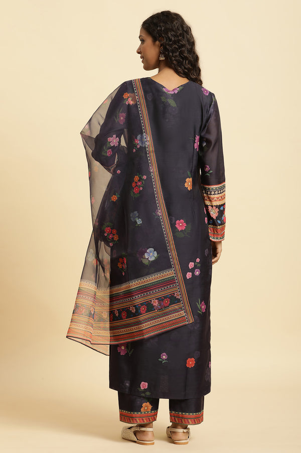 Navy Blue Chanderi Floral Printed Kurta, Pants and Organza Dupatta Set