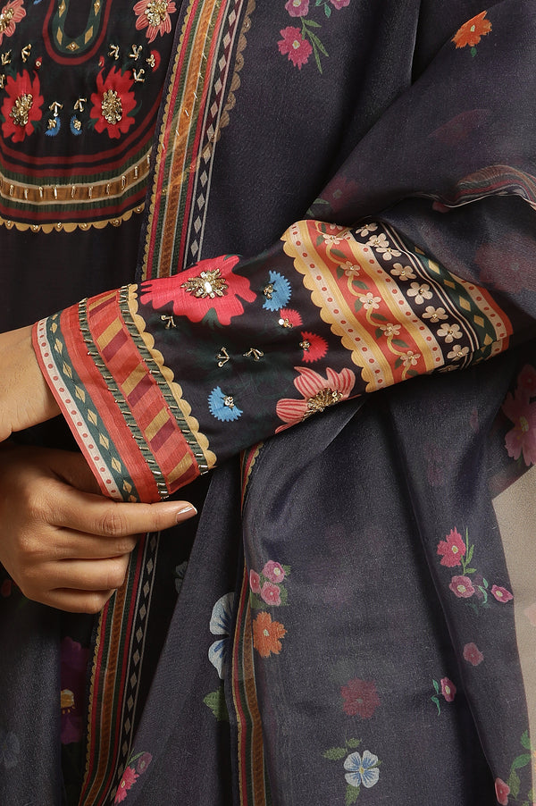 Navy Blue Chanderi Floral Printed Kurta, Pants and Organza Dupatta Set