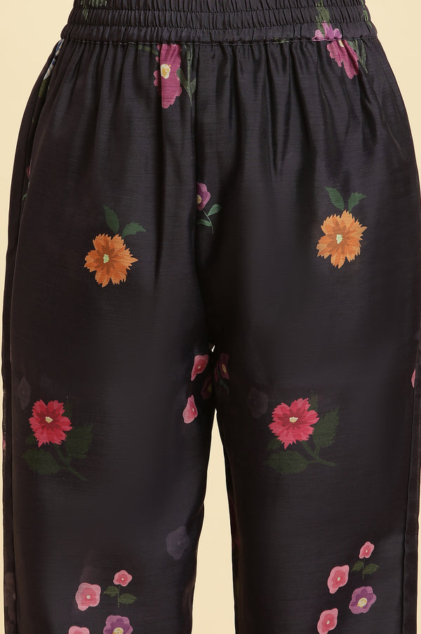 Navy Blue Chanderi Floral Printed Kurta, Pants and Organza Dupatta Set