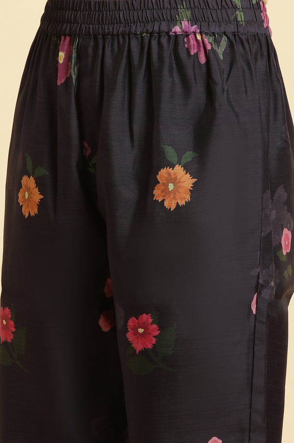 Navy Blue Chanderi Floral Printed Kurta, Pants and Organza Dupatta Set