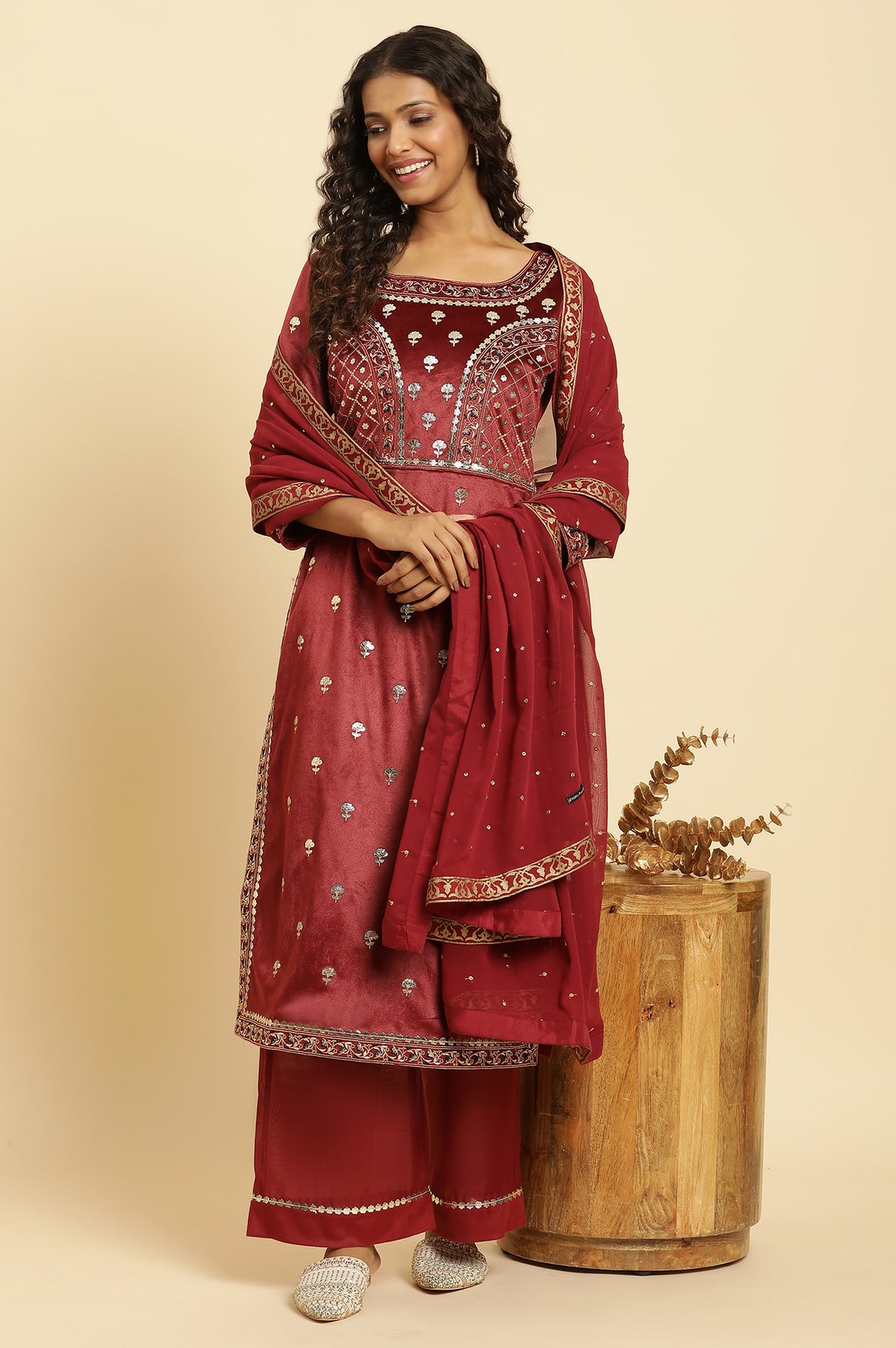 Maroon Mircro Velvet Embellished Kurta, Pants And Dupatta Set - S