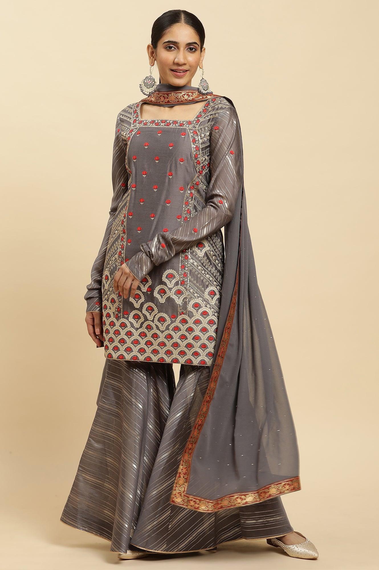 Light Grey Embroidered Heavy Festive Kurta And Sharara And Dupatta Set - wforwoman