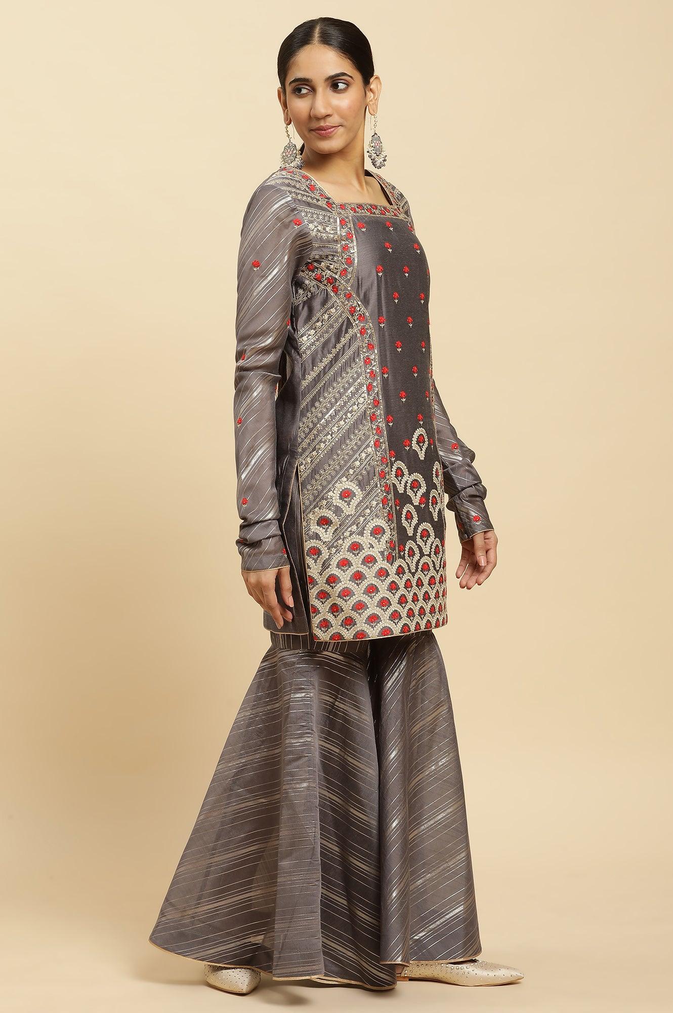 Light Grey Embroidered Heavy Festive Kurta And Sharara And Dupatta Set - wforwoman