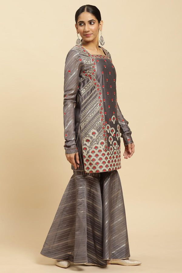 Light Grey Embroidered Heavy Festive Kurta And Sharara And Dupatta Set