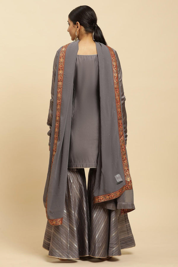 Light Grey Embroidered Heavy Festive Kurta And Sharara And Dupatta Set