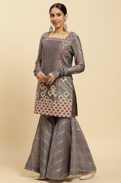 Light Grey Embroidered Heavy Festive Kurta And Sharara And Dupatta Set - wforwoman