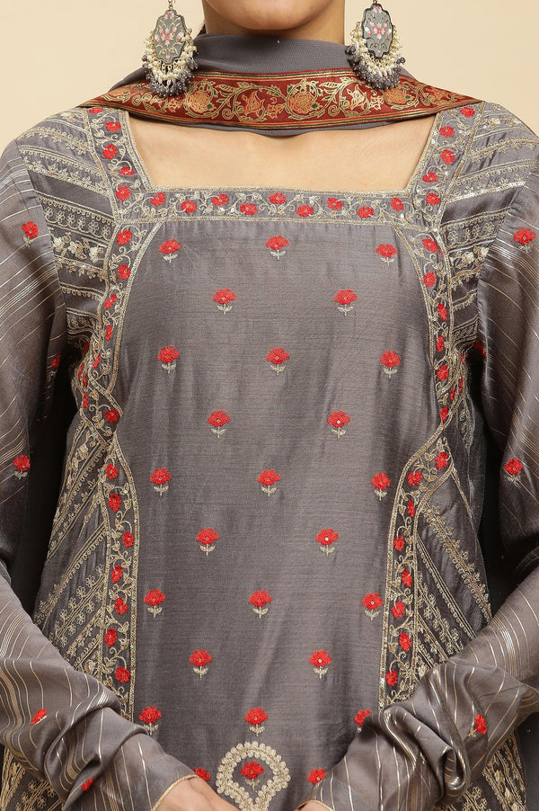 Light Grey Embroidered Heavy Festive Kurta And Sharara And Dupatta Set
