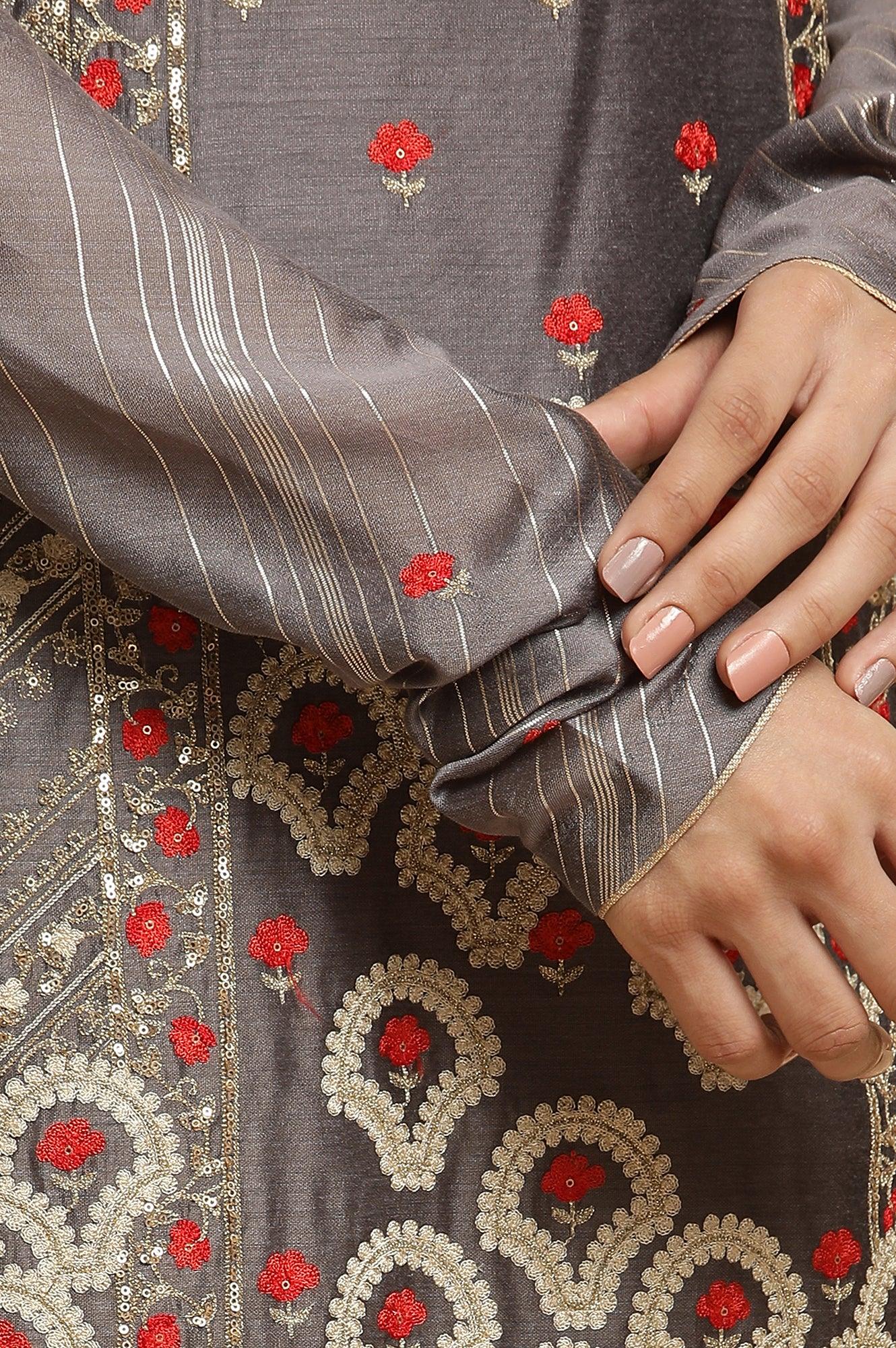 Light Grey Embroidered Heavy Festive Kurta And Sharara And Dupatta Set - wforwoman