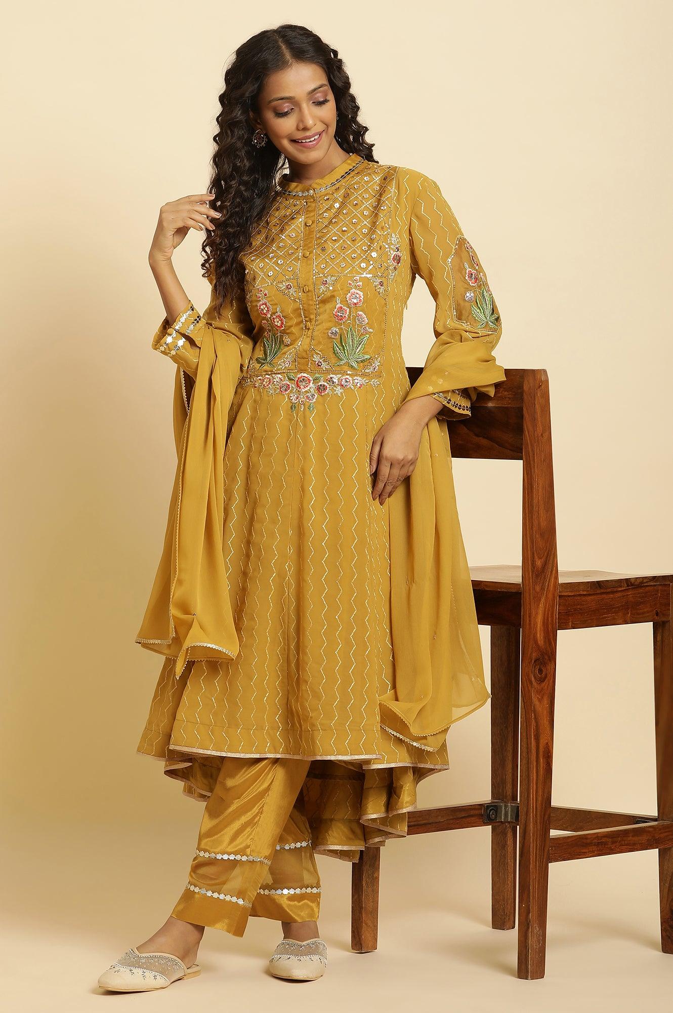 Yellow Embroidered Kurta, Pants And Dupatta Set - wforwoman