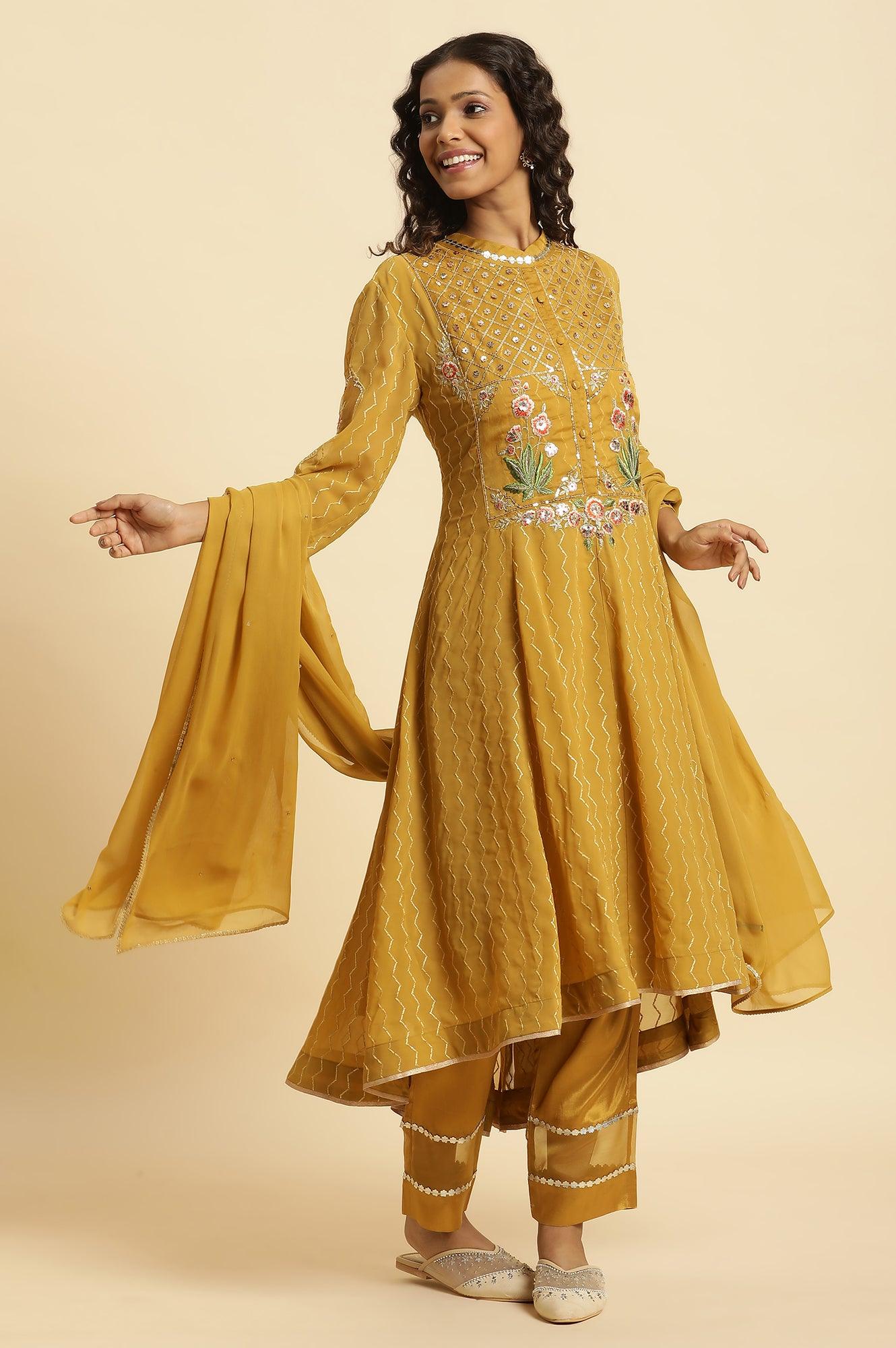 Yellow Embroidered Kurta, Pants And Dupatta Set - wforwoman