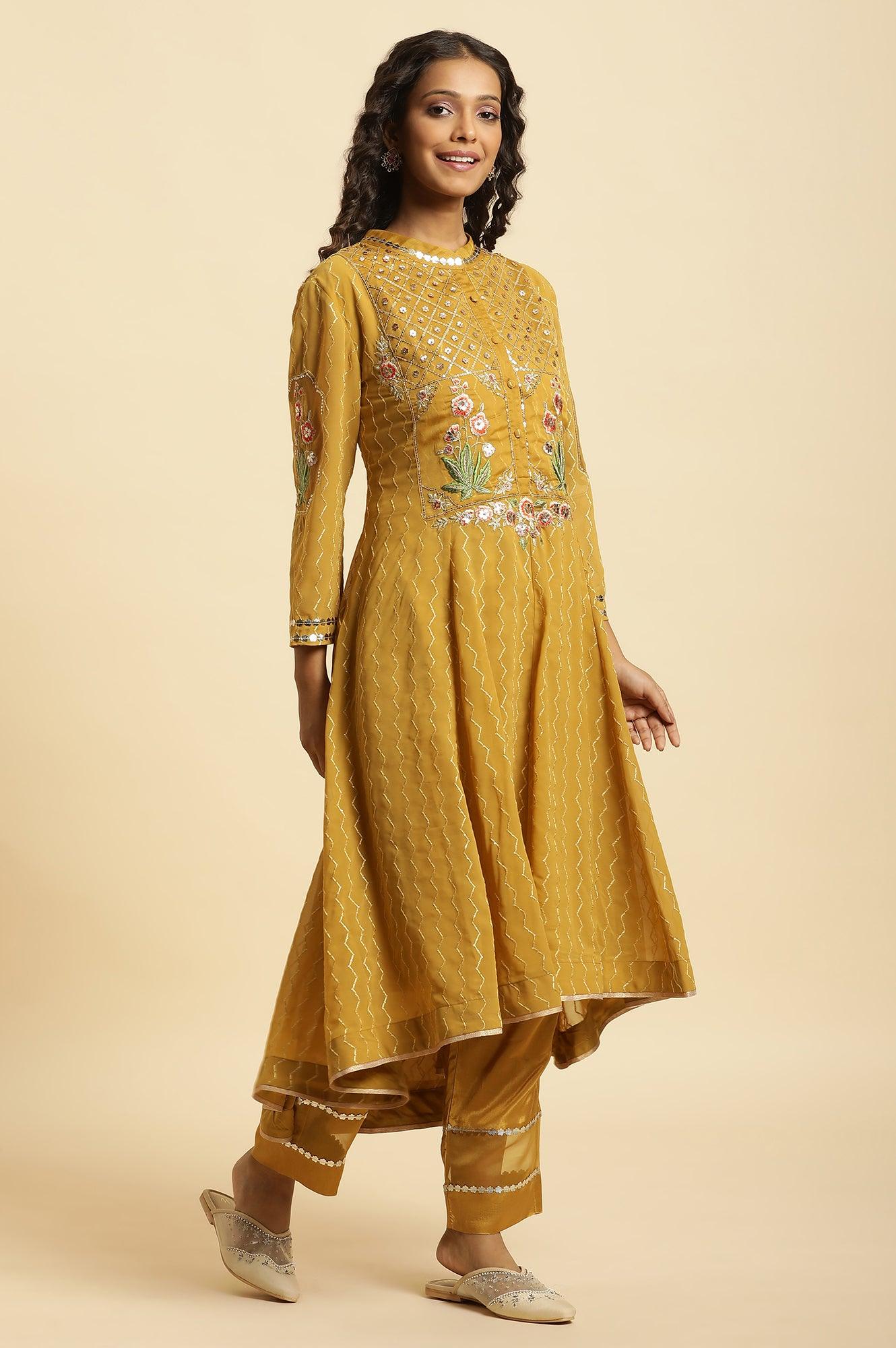 Yellow Embroidered Kurta, Pants And Dupatta Set - wforwoman