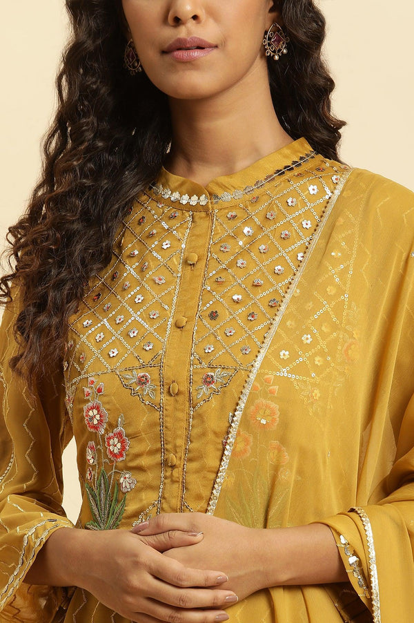 Yellow Embroidered Kurta, Pants And Dupatta Set