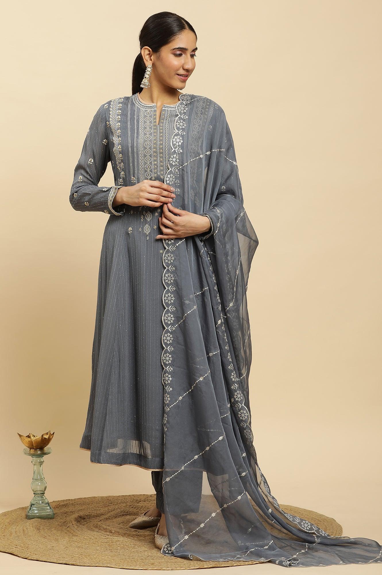 Light Grey Heavy Embroidered Anarkali Kurta, Pants And Dupatta Set - wforwoman