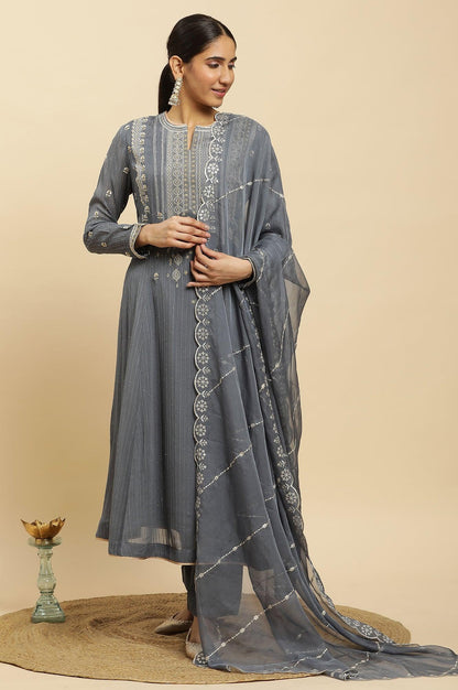 Light Grey Heavy Embroidered Anarkali Kurta, Pants And Dupatta Set - wforwoman