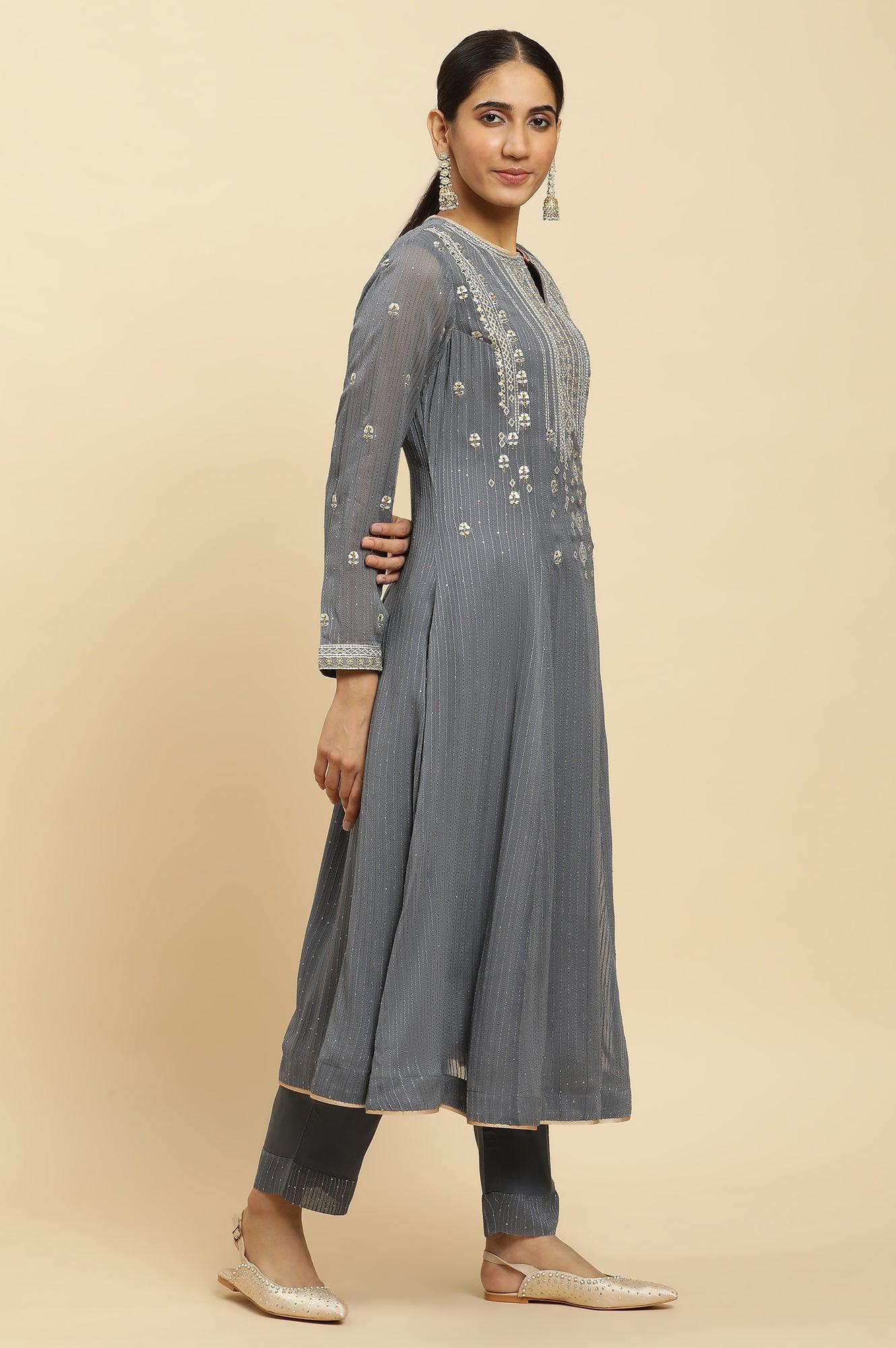 Light Grey Heavy Embroidered Anarkali Kurta, Pants And Dupatta Set - wforwoman