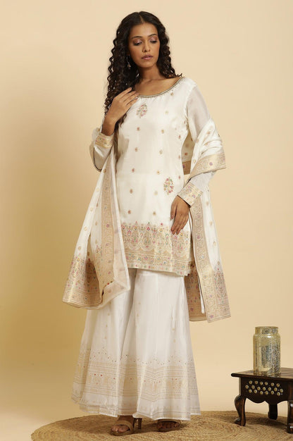 Ecru Festive Jacquard Short Kurta, Sharara And Dupatta Set - wforwoman