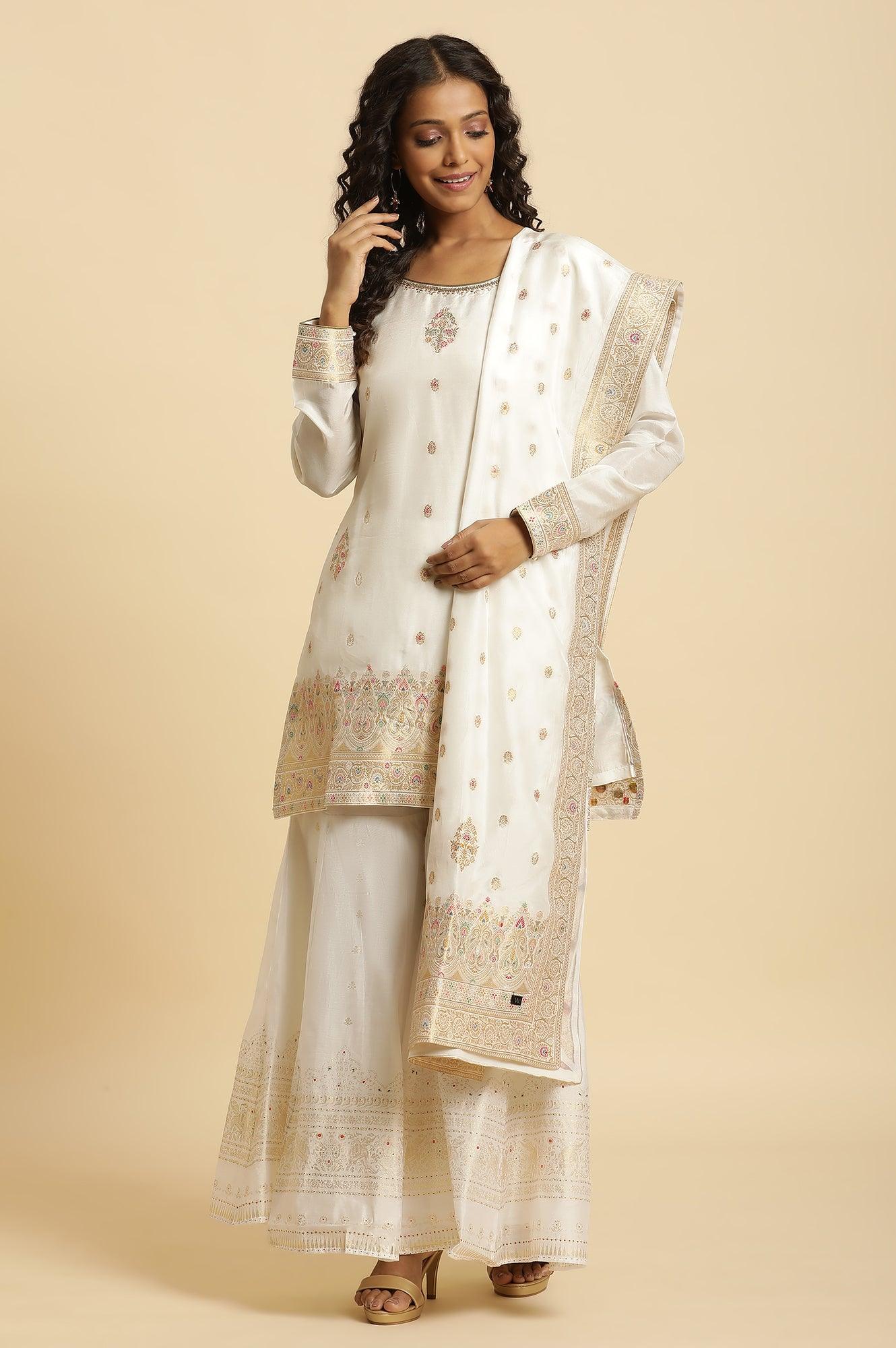 Ecru Festive Jacquard Short Kurta, Sharara And Dupatta Set - wforwoman