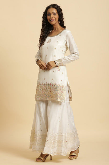 Ecru Festive Jacquard Short Kurta, Sharara And Dupatta Set - wforwoman