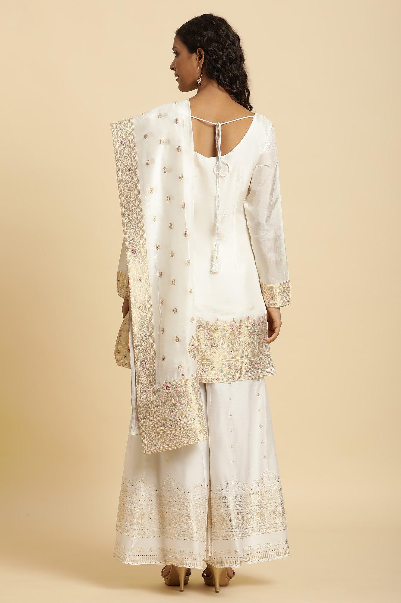 Ecru Festive Jacquard Short Kurta, Sharara And Dupatta Set - wforwoman