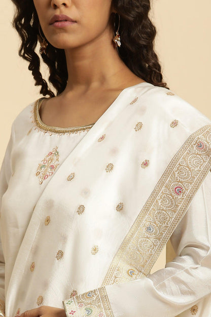 Ecru Festive Jacquard Short Kurta, Sharara And Dupatta Set - wforwoman