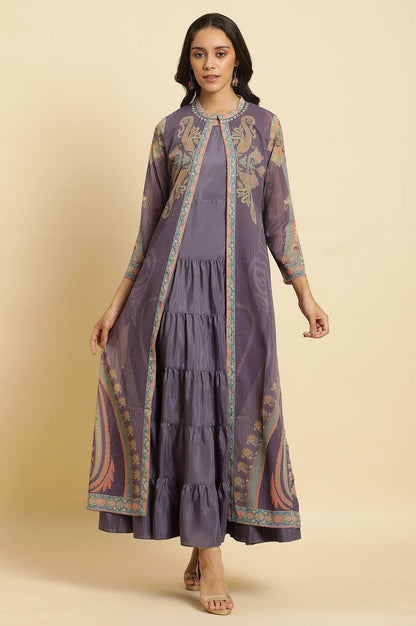 Purple Embellished Georgette Gilet And Tiered Dress - wforwoman