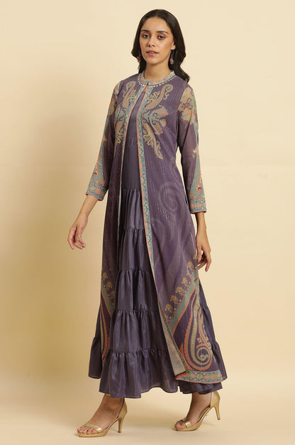 Purple Embellished Georgette Gilet And Tiered Dress - wforwoman